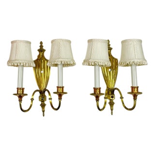 Vintage Pair of Brass & Copper Neoclassical Double-Arm Wall Sconces With Pleated Silk Shades For Sale