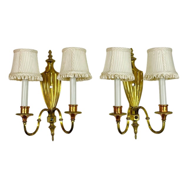 Vintage Pair of Brass & Copper Neoclassical Double-Arm Wall Sconces With Pleated Silk Shades For Sale