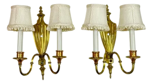 Vintage Pair of Brass & Copper Neoclassical Double-Arm Wall Sconces With Pleated Silk Shades