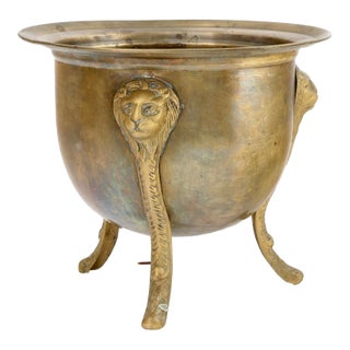English Footed Brass Planter With Lion's Heads For Sale