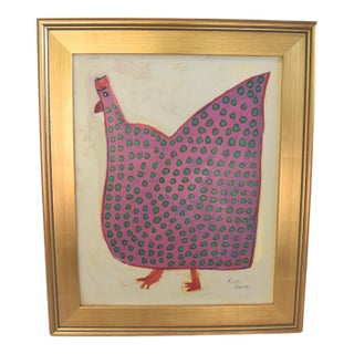 Folk Art Chicken Hen Painting Ruth Arenz Including the Antiqued Gold Wood Frame For Sale