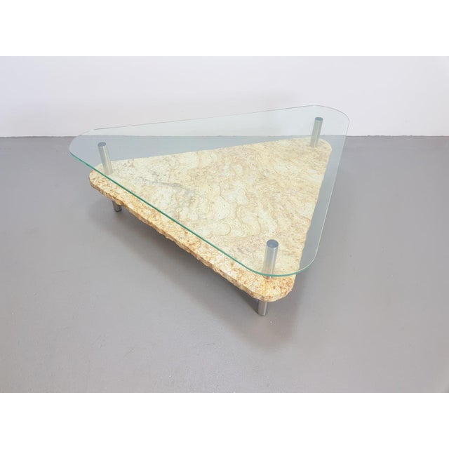 Glass Brutalist Triangle Coffee Table in Marble and Stainless Steel, 1970s For Sale - Image 7 of 12