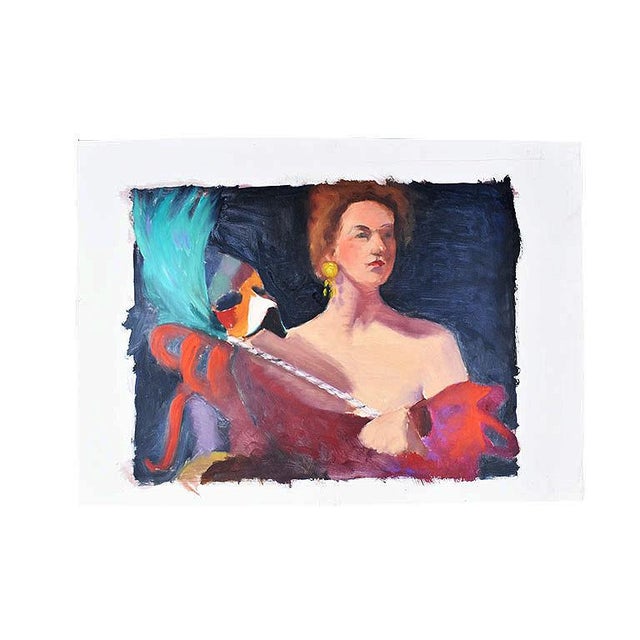A large portrait painting of a woman at Mardi Gras. She wears a red off the shoulder dress and holds a feather Mardi Gras...
