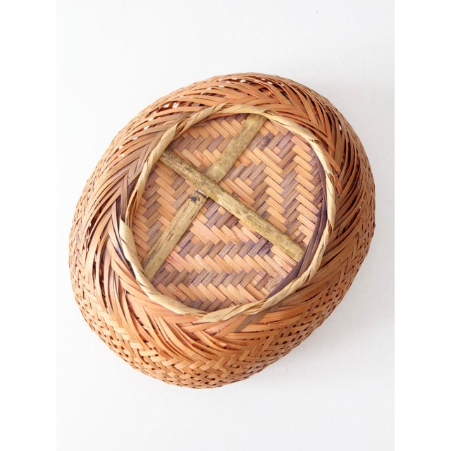 Vintage Woven Bamboo Basket Bowl With Rounded Sides For Sale - Image 11 of 14