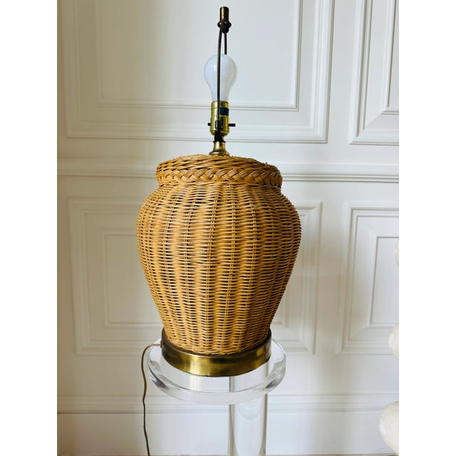 Vintage 1980’s Rattan /Wicker and Brass Table Lamp For Sale - Image 10 of 12