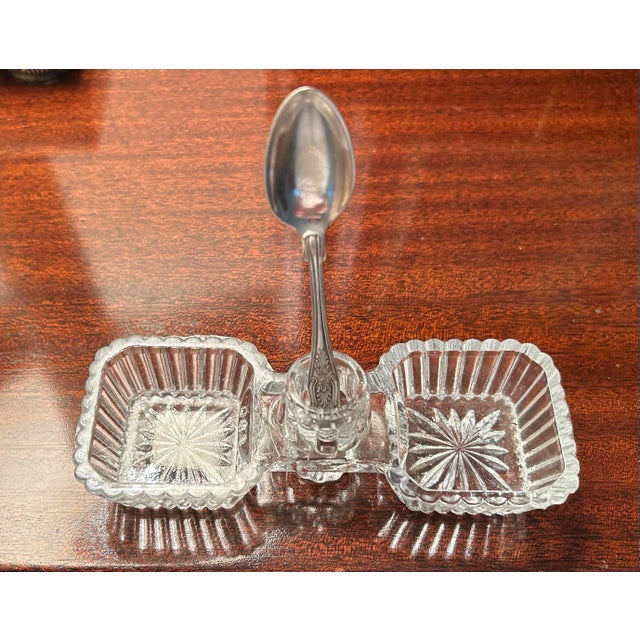 Victorian Antique Crystal Double Salt and Pepper Cellar With Silver Plate Spoon For Sale - Image 3 of 6