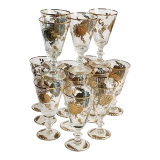 1960s Set of 14 24k Gold Encrusted Crystal Claret Wine Glasses For Sale