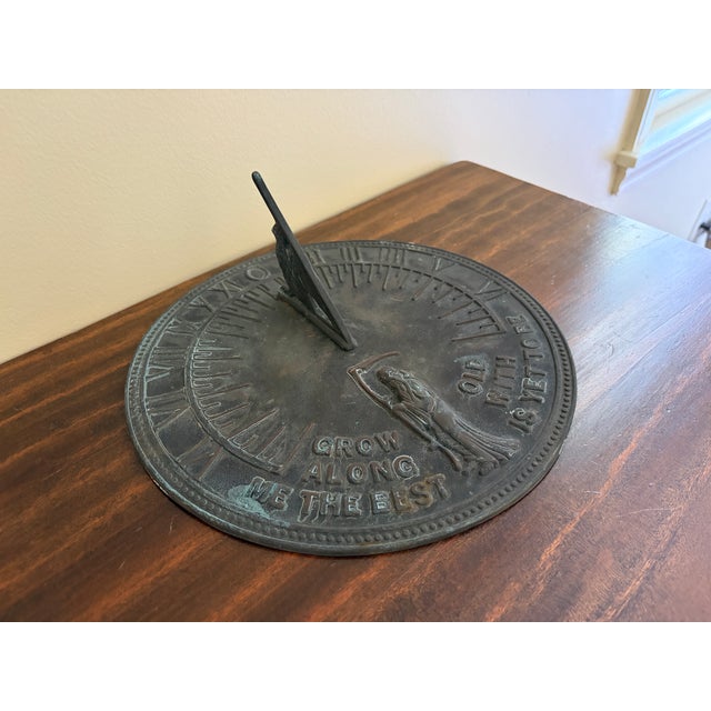 French Country Vintage English Country Iron Verdigris Garden Sundial "Grow Old Along With Me" For Sale - Image 3 of 9