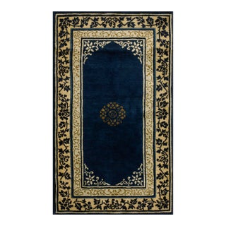 1920s Navy Blue Floral Medallion Antique Chinese Peking Rug 2' 7'' X 4' 2'' Wool Knotted Carpet For Sale