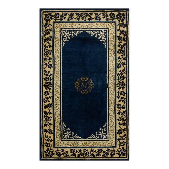 1920s Navy Blue Floral Medallion Antique Chinese Peking Rug 2' 7'' X 4' 2'' Wool Knotted Carpet For Sale