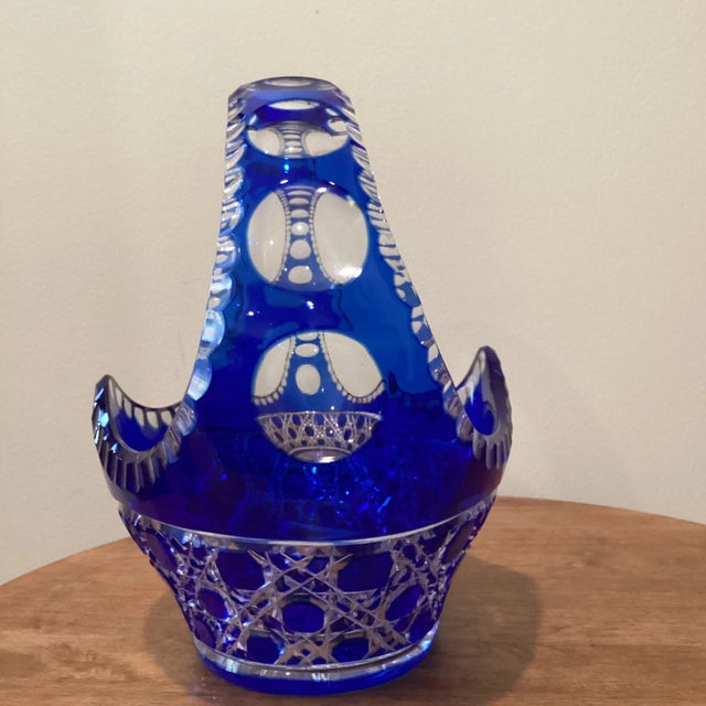 Bohemia Vintage Limited Edition Cobalt Blue Cut to Clear Bohemian Crystal Centerpiece Basket For Sale - Image 4 of 13