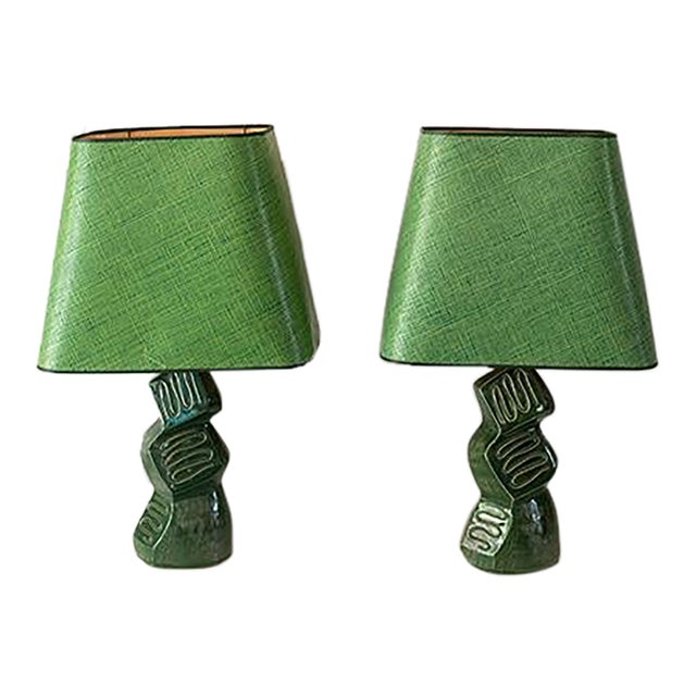 Vintage Mid-Century Modern Green Ceramic Table Lamps – Pair For Sale