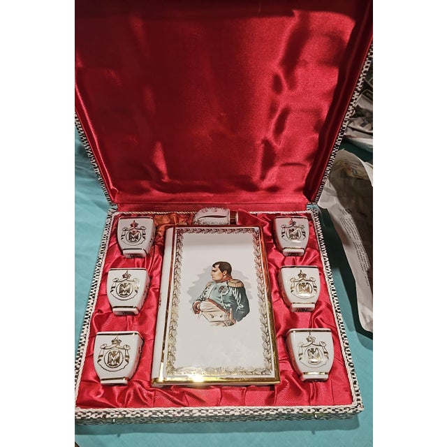 Napoleon Cognac Liqueur Flask with Cap and Cups in Box from Limoges, Set of 7 For Sale - Image 4 of 4