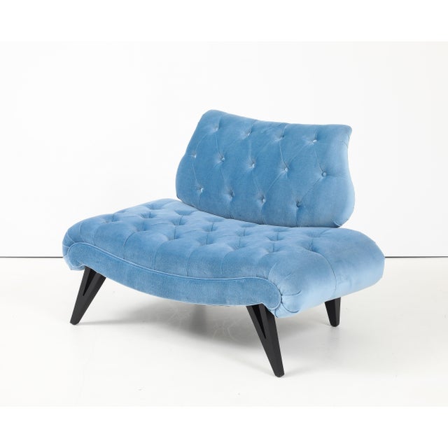 Amazing pair of oversize 1960's tufted slipper chairs by Grosfeld House, newly restored and re-upholstered in velvet, with...