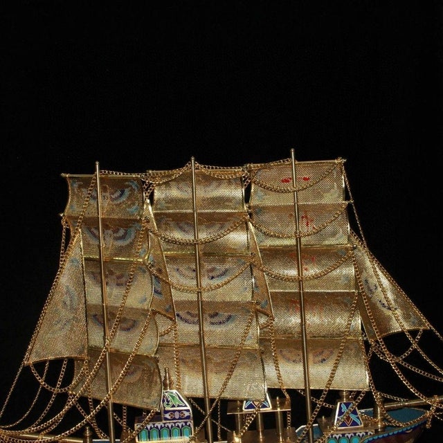 Vintage Cloisonne Enamel Ship Model – 28" Gilt Sailing Boat With Box For Sale - Image 4 of 9
