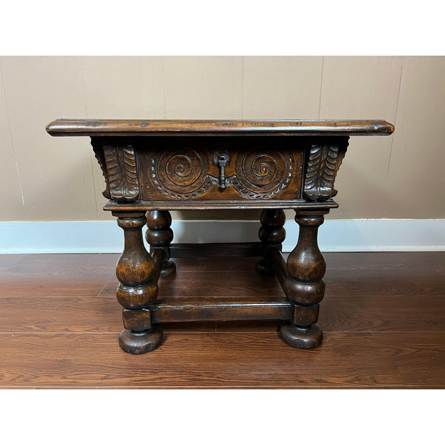 Antique English Side End Table Small Square Carved Oak Jacobean Revival c1910. Direct from England, a handsome antique...