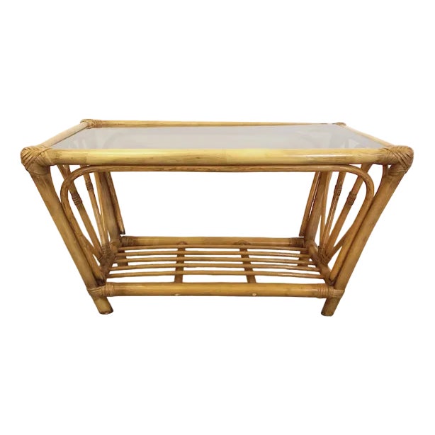 Vintage Smoked Glass and Rattan Coffee Table, 1970s For Sale