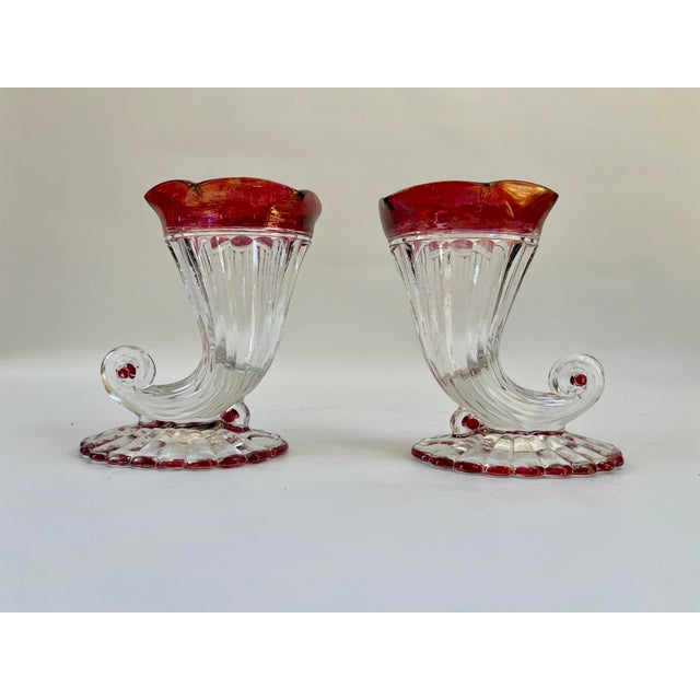 Early 20th Century Vintage Art Deco Cornucopia Cranberry Red Vases - a Pair For Sale - Image 5 of 7