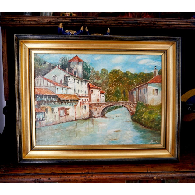 Blue 1990s J Borin French School River Town Landscape Oil Painting Signed For Sale - Image 8 of 12