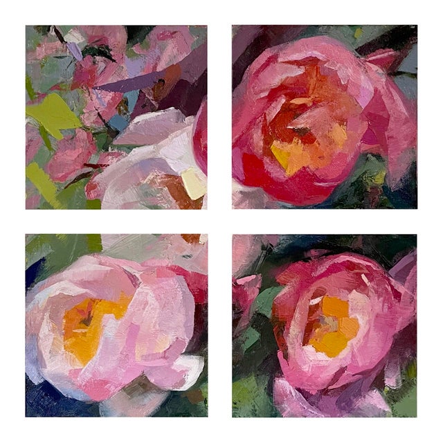 This polyptych showcases a vibrant arrangement of four peonies, rendered in rich, expressive brushstrokes that highlight...
