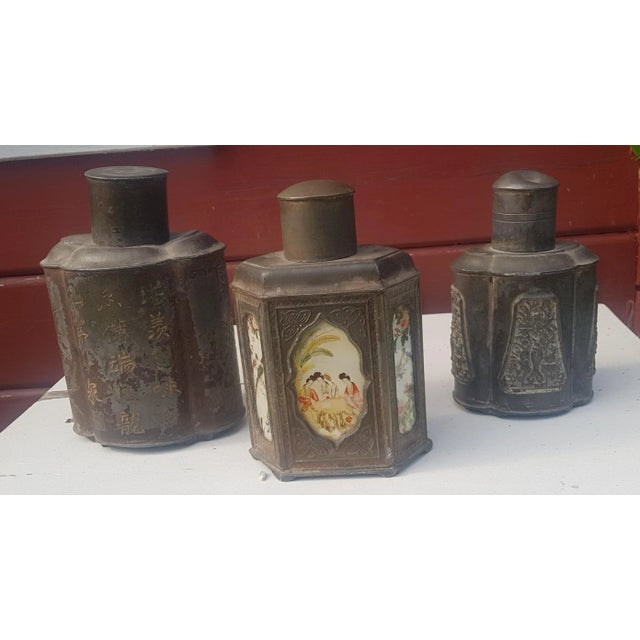 Metal Ancient Chinese Pewter Tea Caddy, Set of 3 For Sale - Image 7 of 10