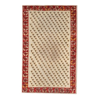 Wool Late 19th Century Handmade Ivory Field Red Turkish Ghiordes Scatter Rug For Sale