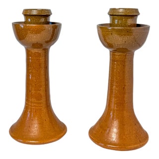 Ben Owen Sr Master Potter Candlesticks Pair Nc Pottery Tobacco Spit Glaze For Sale