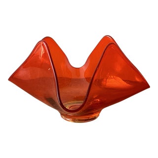 Mid Century Modern Orange Glass Handkerchief Dish Bowl For Sale