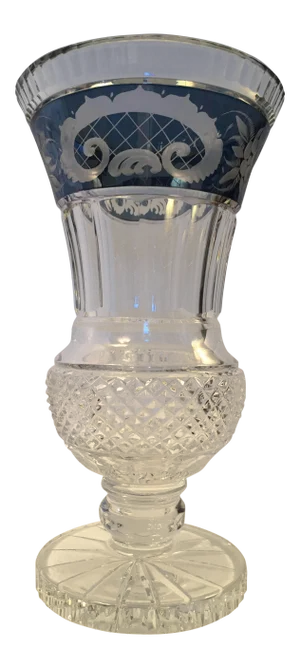 Early 20th Century Antique Bohemian Crystal Vase, Blue Gray Floral Band - 1 Piece