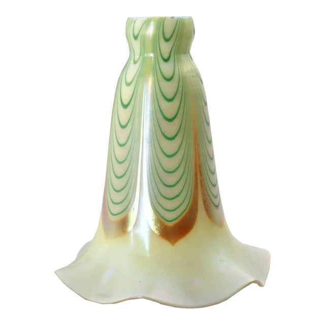 American Art Nouveau Glass Green Dragged Loop Lily Lamp Shade For Sale