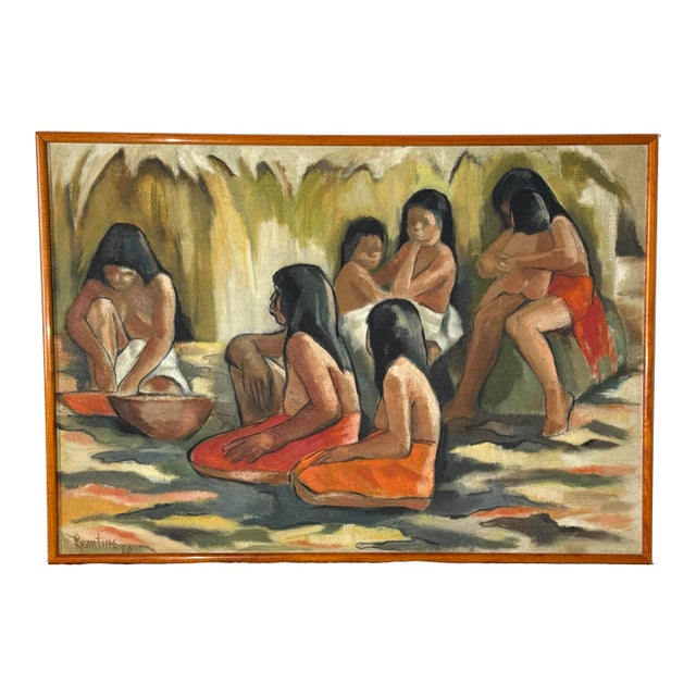 Bold 1960 Oil Painting by Leontine – “Tribal Women in Daily Life” – Large, Vibrant, and Framed For Sale