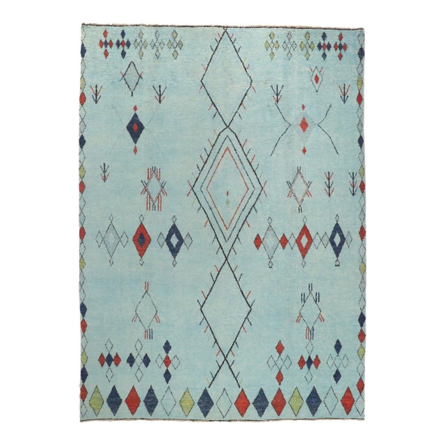 2010s Vintage Aqua Moroccan Style Rug - 10'03 X 14'02 For Sale