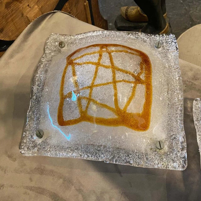 1970s Set of Two Mazzega Space Age Orange and White Murano Glass Wall Sconces For Sale - Image 6 of 10