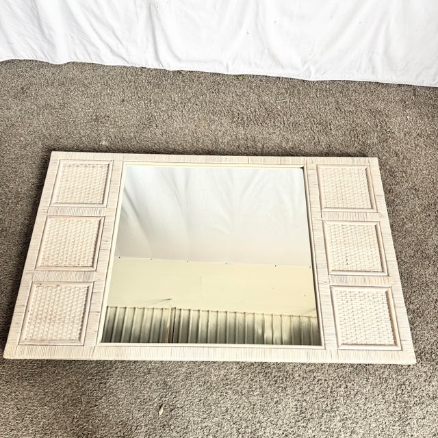 Boho Chic White Washed Wrapped Wicker Mirror For Sale - Image 4 of 8