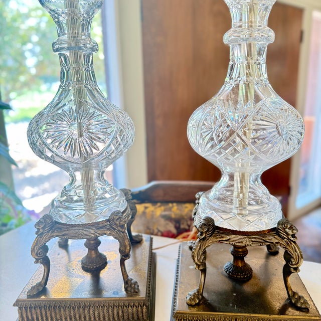 Mid-Century Modern Mid 20th Century Hollywood Regency Leaded Cut Crystal and Brass Table Lamps - a Pair For Sale - Image 3 of 7