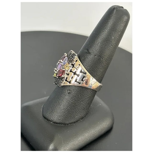 Black Sterling Multi-Color Gemstone Ring, Size 9 For Sale - Image 8 of 10