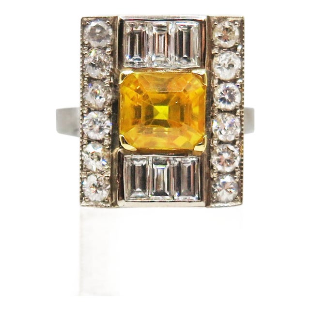 Yellow Sapphire and Diamond Ring Set in Platinum, Size 7 For Sale