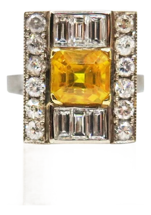Yellow Sapphire and Diamond Ring Set in Platinum, Size 7