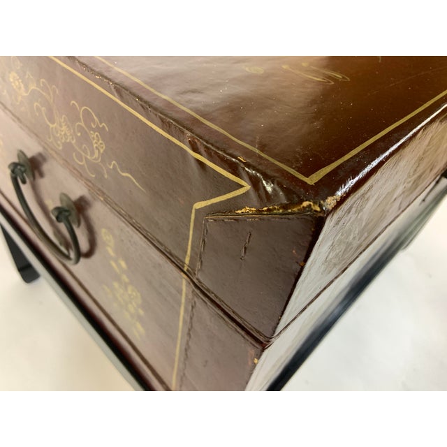 Chinese Vintage Chinese Leather Painted Trunk Coffee Table With Wood Stand, Glass Top For Sale - Image 3 of 12