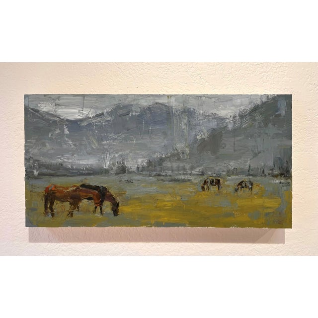 The painting depicts a stark landscape where horses graze in a vast, open plain under a brooding sky. The use of thick,...