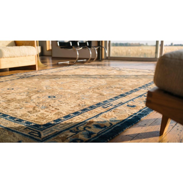 Textile Awesome Tan-Sand Color With Small Palmette and Medallion/Crest Pattern Antique Chinese Ningxia Rug For Sale - Image 7 of 8