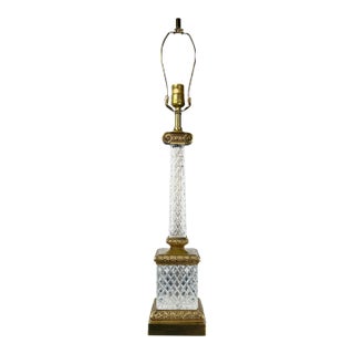 Vintage Neoclassical Diamond-Cut Crystal & Brass Ionic Column Table Lamp For Sale