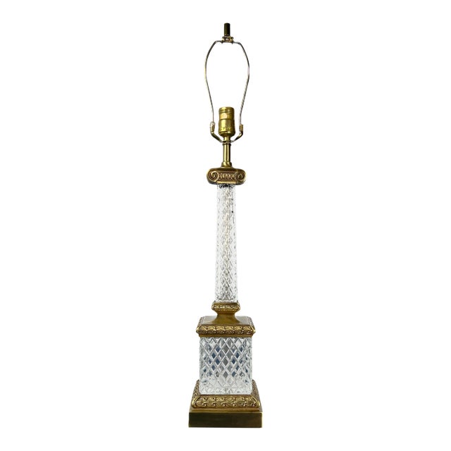 Vintage Neoclassical Diamond-Cut Crystal & Brass Ionic Column Table Lamp For Sale