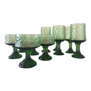 Set of 10- Vintage Lenox Impromptu Hand Blown Green Crystal Glasses For Sale