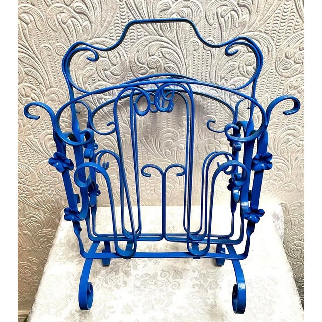 Shabby Chic Vintage Mid Century Blue Enameled Scrolled Iron and Flowers Magazine Rack For Sale - Image 3 of 12