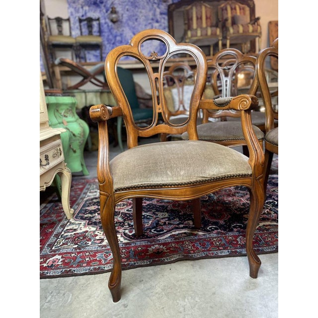 Discover a stunning set of six Italian dining chairs at Vintage Dublin. Crafted from carved fruitwood with a walnut veneer...