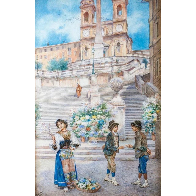 This is a beautiful antique watercolour study by Ettore Ascenzi of the Spanish Steps, Rome , circa 1890 in date and...