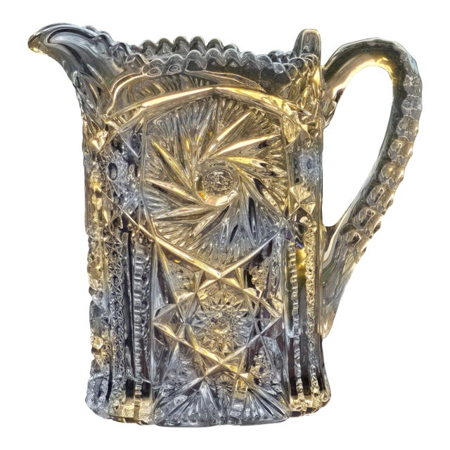 Antique American Brilliant Period Cut Glass Pitcher — Pinwheel Pattern, Heavy Hand-Cut Crystal, Circa 1900 For Sale