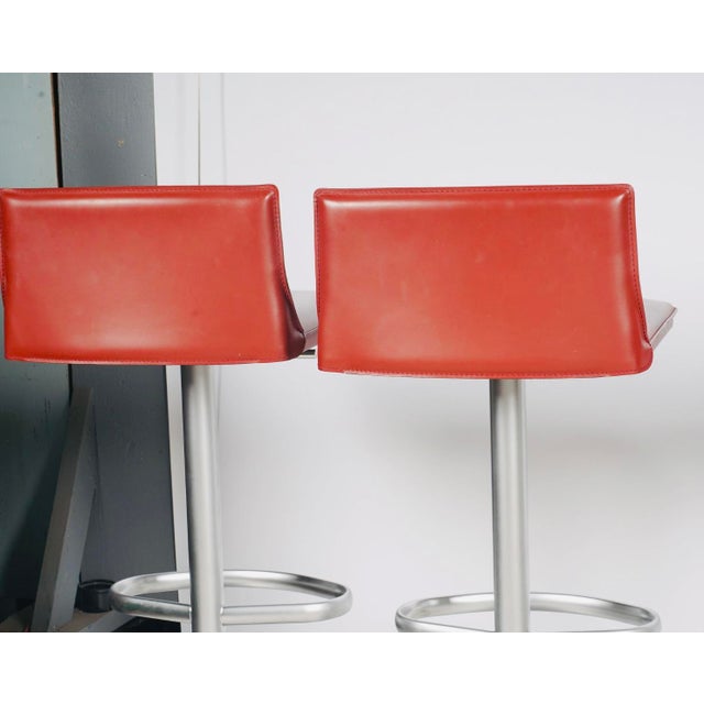 2000 - 2009 Set of Four Frag Bottega Italian Red Leather Adjustable Swivel Bar Stools For Sale - Image 5 of 12