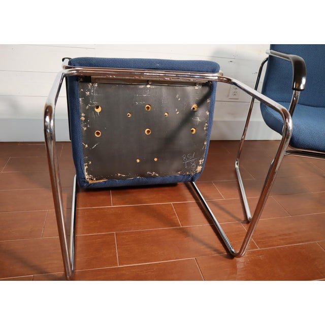 Blue Vintage Pair Tubular Chrome Arm Chairs by Goodform Bauhaus Milo Baughman Style Mid Century Modern Retro For Sale - Image 8 of 13